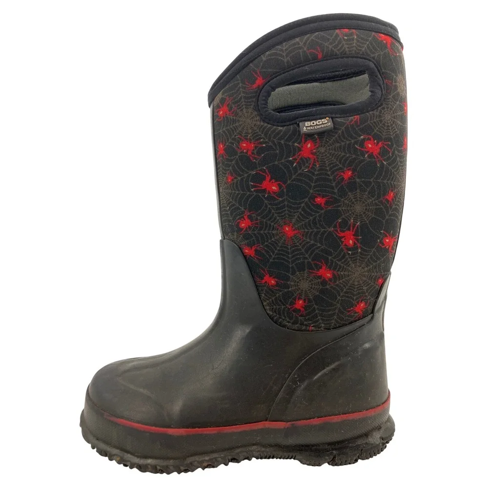 Bogs Classic Creepy Crawl Rain Boots Kids Size 13 Black Red Excellent Spider Web